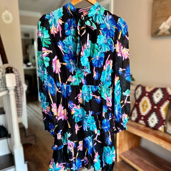 Milly NWT Blue Black Multi Hadlee Chiffon Mini Dress Floating Cosmos Print Sz 2 - Picture 4 of 16